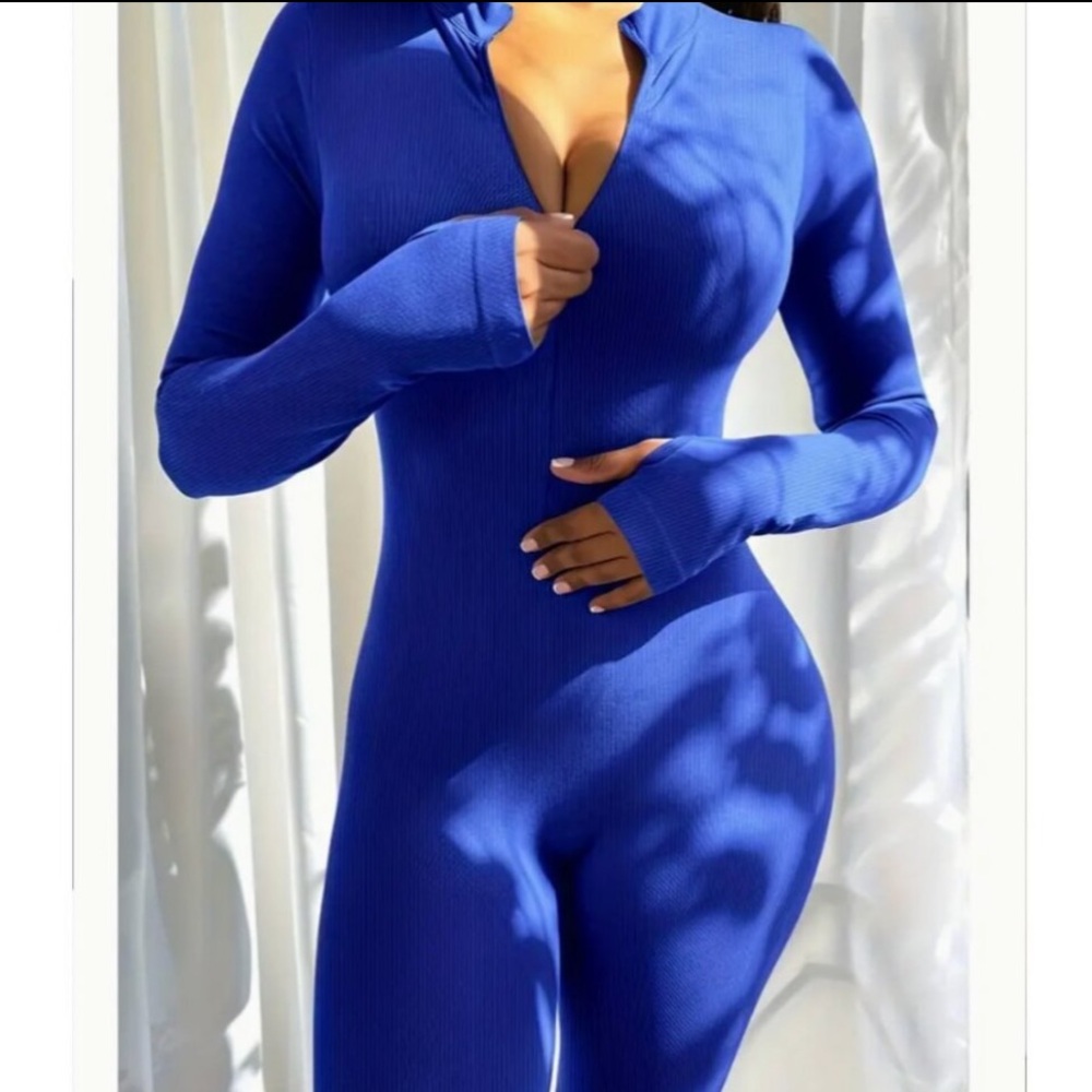 Callie Lives Ribbed Athleisure ROYAL Blue Thumbhole Jumpsuit SMALL